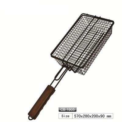 China Easily Cleaned Daily use multi-purpose kabob wire mesh net non stick bbq grill basket with wood handle for sale