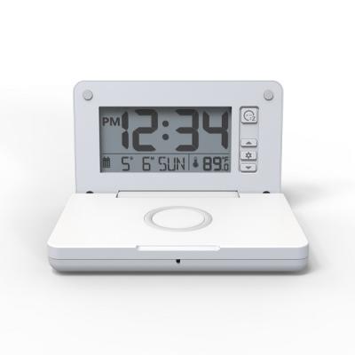 China Qi mobiele telefoon draadloos oplader met thermometer Desktop elektrisch lcd wekker Te koop