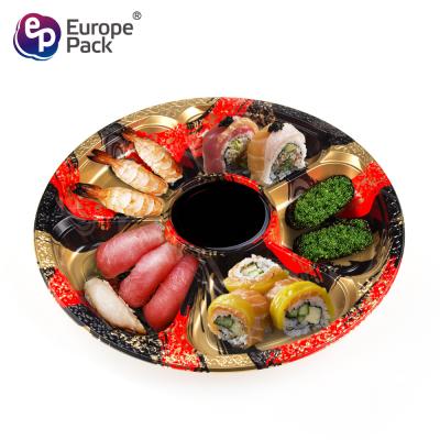 China 5 compartments round shape disposable colorful plastic food tray with lid for sale