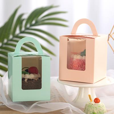 China Recycled Materials Cupcake Paper Box Food Paper Box With Handle Packaging Paper Box With Clear Window for sale