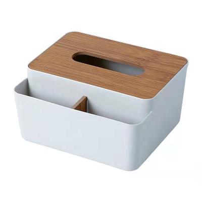 China Modern Decorative Wooden Bamboo Plastic Tissue Dispenser Cover PP Lid Holder Facial Tissue Vanity Salon Remote Square Storage Box for sale