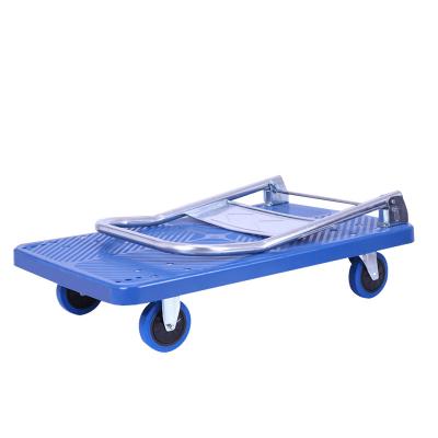 China Flat Plastic Hand Truck 300kg Capacity Storage Hand Base Folding Trolley For Warehouse Goods Moving for sale