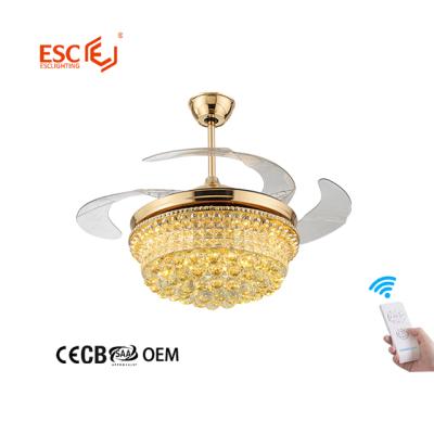 China Modern Fancy 3 Tone Lights 42 Inch 220v Invisible Glass Fan Lamp Led Crystal Ceiling Fan Light k9 for sale