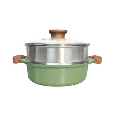 China Sustainable Aluminum Binaural Pots And Pans Cooking Pot Set Cookware Maifanshi Stone Coated Steamer And Glass Lid. for sale