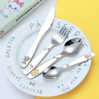 China Cute 4pcs 304 stainless steel food grade cartoon spoon and fork flatware gift customised kids cutlery set stainless steel for sale