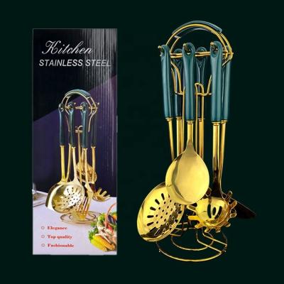 China Sustainable 7pcs Customized luxury accessories tools kitchenware kitchen gold cooking utensils set stainless steel wirh ceramic handle for sale