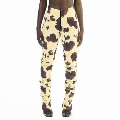 China YIWU XINYU Amazon Fashion Cow Pattern QUICK DRY Print Zip Up Pants Casual Stacked Pants Women Ruched Workout Pants for sale