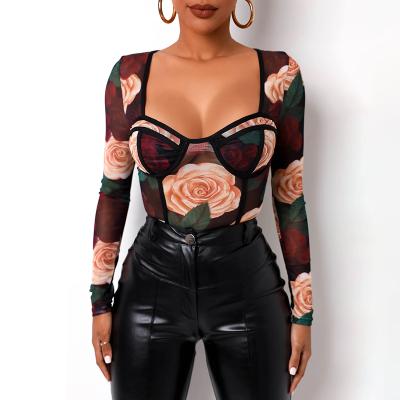 China YIWU XINYU QUICK DRY INS see floral mesh women jumpsuit tops fitted long sleeve printed jumpsuit for women clothing for sale