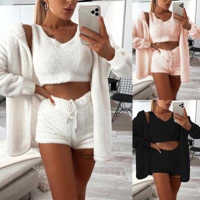 China Thermal Thicken Solid Plush Vest Hoodie Cardigan Shorts White Loungewear Set Crop Top 3 Piece Fluffy Pajama Set for sale