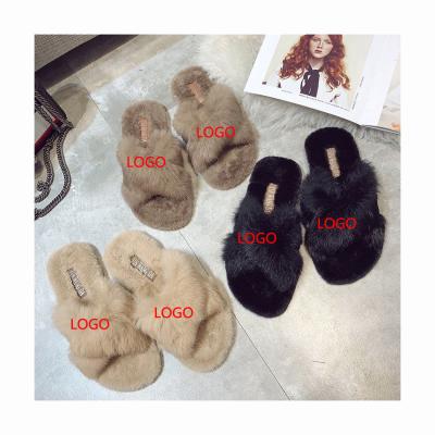 China YIWU XINYU 3 Color Women Rabbit Plush Warm Fashion Trend Solid Slippers Soft Comfortable Cross Slides Slippers Floor Bed Room Indoor Shoes for sale