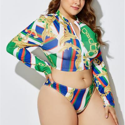 China 2021 New Plus Size 4xl 5xl Women Plus Size Swimwear 3 Piece Swimsuit Leopard Print Long Sleeve Swimwear à venda