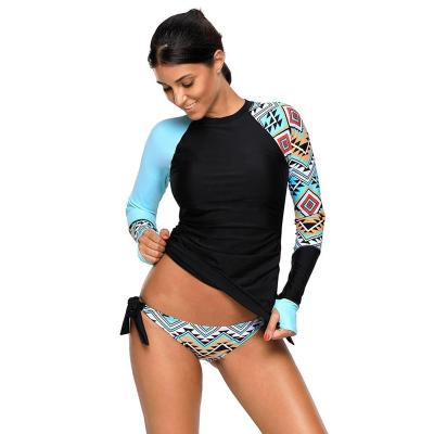 China Breathable Blue Long Sleeve Tankini Swimsuit Custom Contrast Detail Rash Guard Women for sale