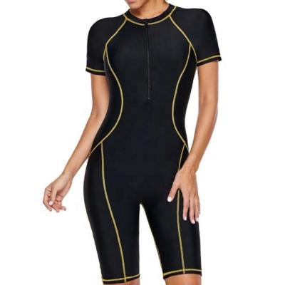 중국 2019 Summer Breathable Beach Wear Surfing Front Wetsuit Women Short Sleeve Rash Guard Black Seam Contoured Zipper Rash Guard 판매용