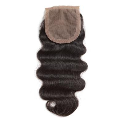 China Body Wave 4x4 Lace Up Brazilian Wave Weave Body Closure Brazilian Remy Human Hair /Medium Brown Silk Low Closure PU Closure for sale