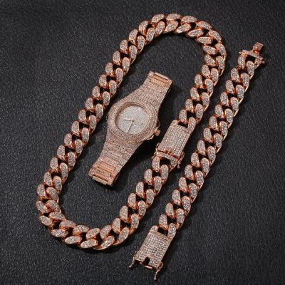 China Hot Selling Real Gold Plated Crystal Rhinestone Cuban Chain Jewelry Thumb Miami Necklace Custom Bracelet Set With Watch for sale