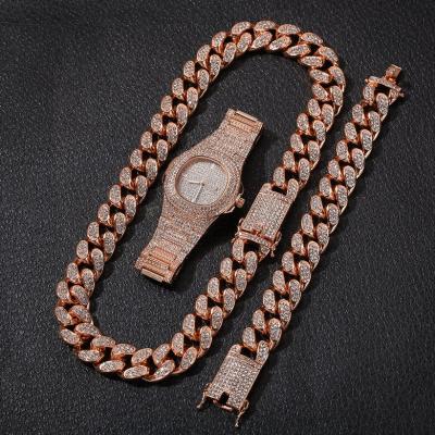 China Cheap Hotsale Fashion Punk Miami Silver Gold Plated Crystal Rhinestone Cuban Chain Jewelry Necklace Bracelet With Watch For Men for sale