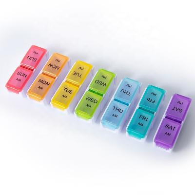 China Rainbow 14 Compartment Detachable Pill Box AM/PM Pill Box Portable Detachable Weekly Organizer Travel Medicine Dispenser and Reminder Pill Case for sale