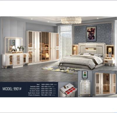 China Lighted Stylish Modern Bedroom Furniture Sets King Size Mirrored MDF Bedroom Sets Latest Headboard 2021 Design High Gloss Beige Color for sale