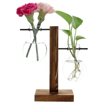 China Retro Eco-friendly Solid Wood Stand Hang Glass Planter Bulb Swivel Stand And Metal Vase for sale