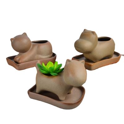 China Cute Cartoon Animal Garden Pet Small Plain Plain Baked Coarse Pottery Flowerpot With Tray for sale