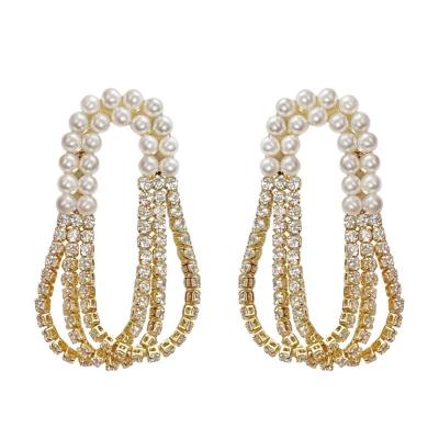 China Trendy Korean Popular Designer Pearl Rhinestone Tassel Earrings for sale