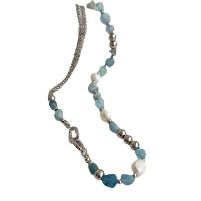 China FASHIONABLE natural blue crystal necklace pearl niche design baroque freshwater feeling female cool clavicle chain tidal stone for sale