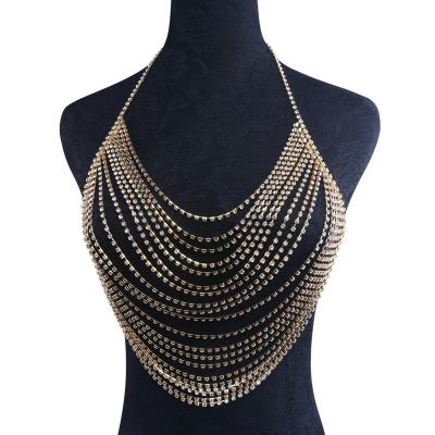 China Trendy European fashion sparkle diamond elements body jewelry nightclub chest exaggerated chain chain and border jewelry n for sale