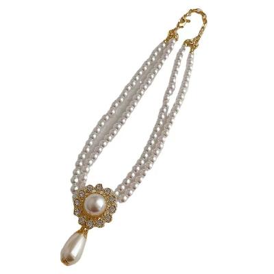 China FASHIONABLE French French Pearl Set Double Layer Diamond Court Style Vintage Temperament Clavicle Chain Accessories for sale