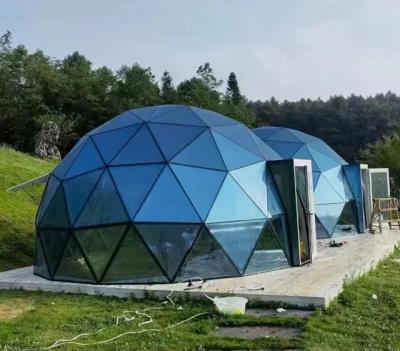 China Extended Type New Design Tempered Glass Dome House Glamping Dome Prefab Laminated Tent With Bathroom for sale