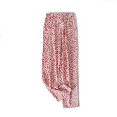 China QUICK DRY pink leopard print sleep pants women's soft thin satin silk loose pajamas women's satin silk sleep bottoms cheap sleep pants for sale