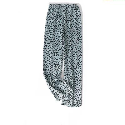 China Women Leisure Leopard Print QUICK DRY Home Pants Cheapest Light Blue Leopard Sleep Bottom Women Soft Silk Satin Women's Loose Pajamas for sale