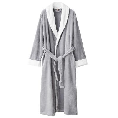 China Custom Coral Fleece Border Couples Thermal Nightgown Flannel Winter Autumn Men and Women Gray Thick Coral Fleece Bathrobe Long Robe for sale