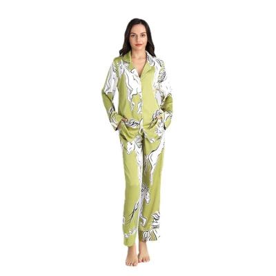 China QUICK DRY Printing Satin Women Pajamas Sets Soft Sleeve Long 2 Piece Nightgowns Sets Women SATIN PAJAMAS PANTS SETS for sale