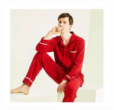 China New spring autumn red men's long sleeve home pajamas breathable cotton clothing wear long men's pajamas set wholesale for sale