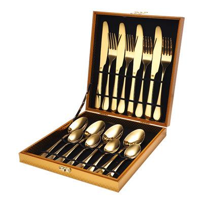 China Sustainable 16 Piece Stainless Steel Flatware Set Luxury Cutlery Set Wedding Gift With Wooden Box for sale