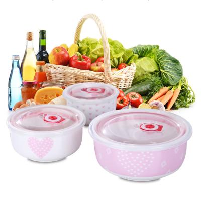 China Sustainable Porcelain Dinnerware 3pcs Ceramic Bowl Set With Plastic Lids For Microwave Refrigerator for sale