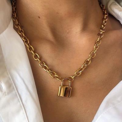 China Real 18k Gold Plating CLASSIC Lock Stainless Steel Link Chain Pendant Necklace for sale