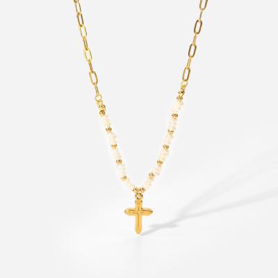 China Fashion Landy Stainless Steel 18K Gold Cross Pendant Necklace Natural Freshwater Pearl Necklace for sale