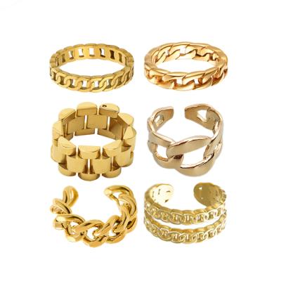 China TRENDY Fashion Jewelry Chunky Stainless Steel Finger Jewelry 18k Gold Plated Cuban Link Band Chain Ring for sale