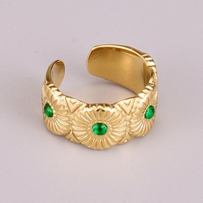 China Vintage 18k Gold Plated Green Rhinestone Sunflower Adjustable Stainless Steel Fashion Women Ring for sale