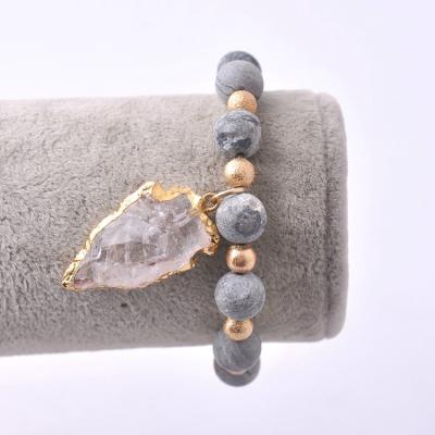 China Fashion Birthday Gift Gray Natural Stone Charm Beaded Bracelet With Crystal For Men And Women for sale