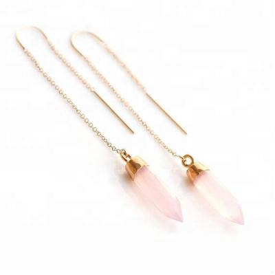 China TRENDY chalcedony pink ball jewelry accessories natural stone 14k gold filled long threader earring for sale