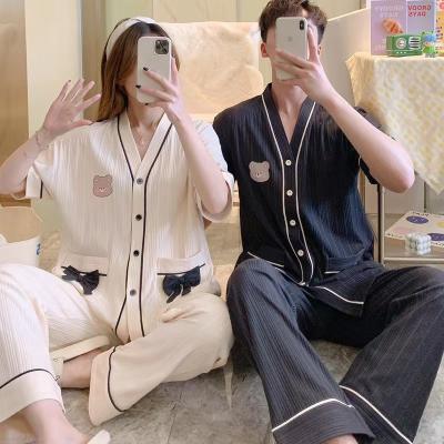 China Breathable Spring and Summer New Couples Pajamas Women's Short Sleeve Pants Men's Home Service Suit Cardigan V-Neck Kimono Cotton for sale