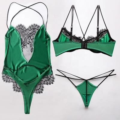 China Breathable New Arrival Sexy Three-Piece Bodysuit Lace Satin Robe Green Satin Robe Set for sale