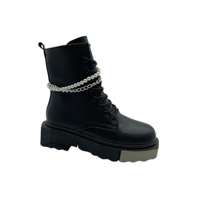 China Anti-Slippery Chain Decoration Pearl PU Women Knitting Ankle Boots Heel Black Zipper Women Boot for sale