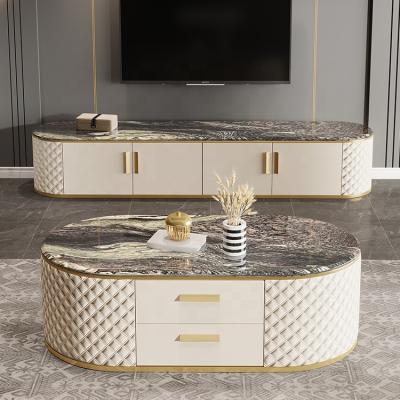 China (Others) 2021 New Modern Gold Marble Frame Adjustable Top Coffee Tables And TV Stand Set Furniture for sale