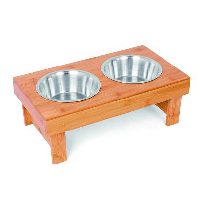 China Sustainable Bamboo High Pet Feeder - 2 Dog Wheels - Raised Rack With Double Stainless Steel Bowls for sale