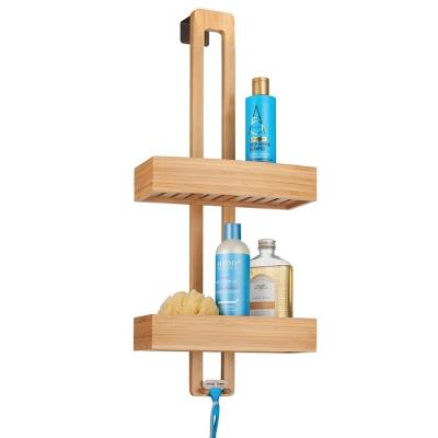 China Sustainable Modern Bamboo Wood Over The Shower Door Bathroom Caddy, Hanging Organizer Storage Center With Baskets for sale