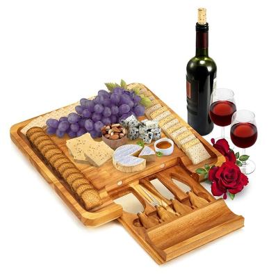 China Sustainable Acacia Wood Cheese Board Set - Wooden Charcuterie Tray and Serving Tray with Hidden Drawer and Cutlery Set for sale