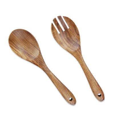 China Stocked 10 inch acacia wood kitchn cooking salad tools fork wooden salad serving spoons for party for sale